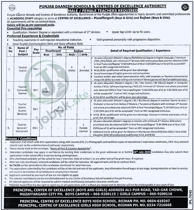 Punjab Daanish Schools Muzaffargarh Jobs 2026 – MaleFemale Teachers Required